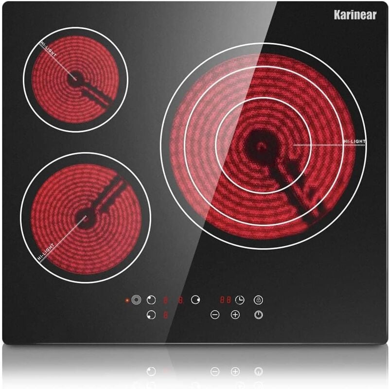 foto del prodotto piano cottura in ceramica da incasso a 3 zone, piano cottura elettrico in cristallo nero, con controllo touch, timer, lucchetto bambino, 5700w, senza