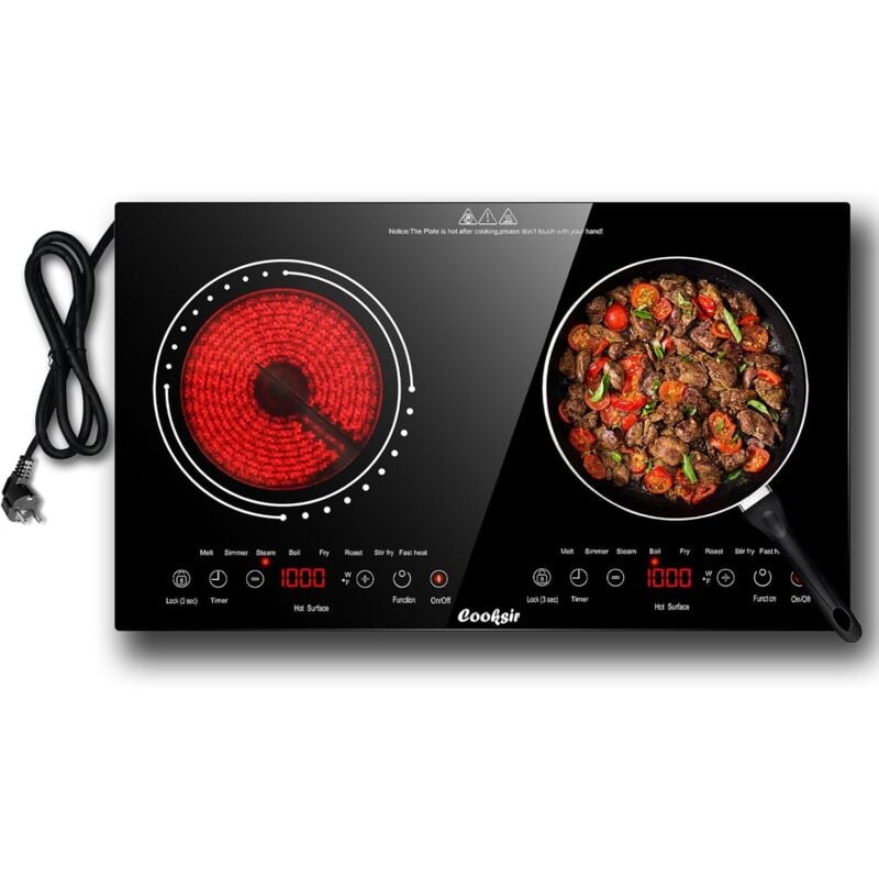 foto del prodotto piano cottura vetroceramica 2 fuochi cooksir piano cottura in vetroceramica, piano cottura portatile con spina, calore a infrarossi, 3600w, 60cm,