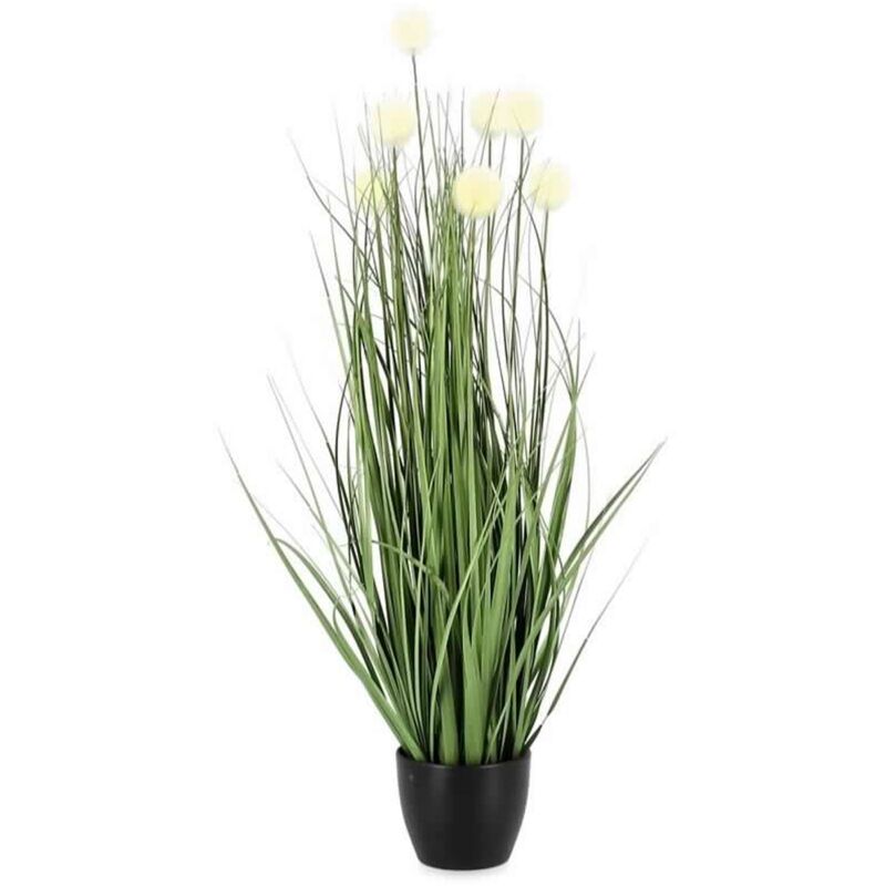 foto del prodotto pianta artificiale eriophorum con fiori bianchi, vaso in plastica nero