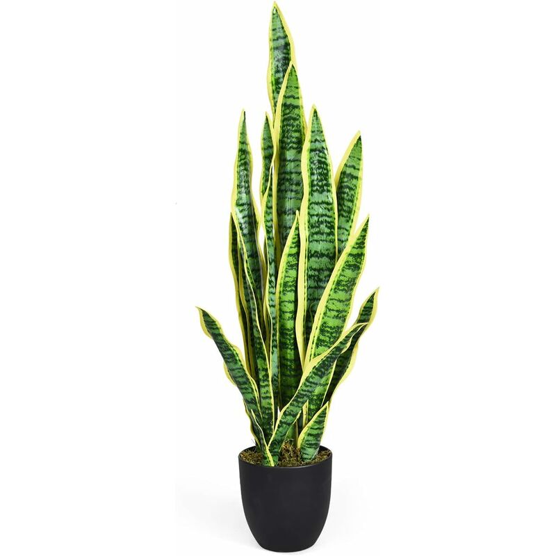 foto del prodotto pianta artificiale sansevieria finta da 90 cm con serpente con vaso e 20 foglie, agave finta pianta finta per casa giardino ufficio, gialla