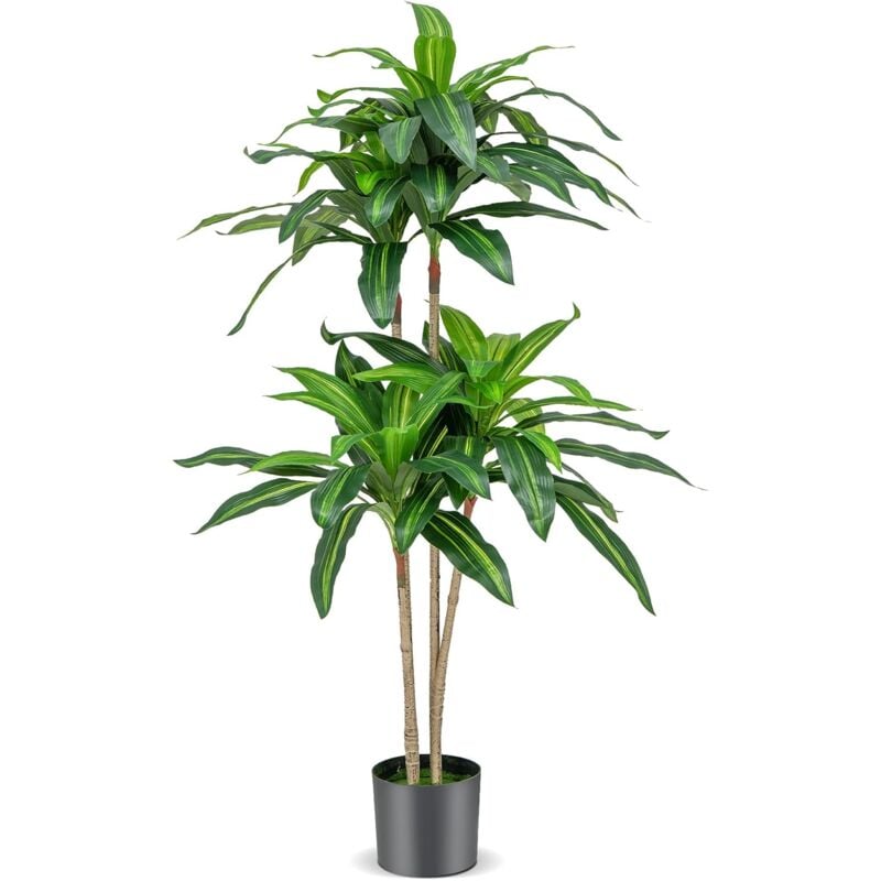foto del prodotto pianta finta dracaena alto 140 cm, albero artificialecon 92 foglie e vaso di cemento incorporato, pianta verde realistica da interno ed esterno,