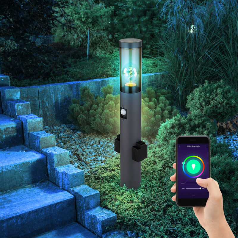 foto del prodotto piantana con rilevatore di movimento lampada da esterno con prese lampada da terra per esterno, fumo antracite, telecomando dimmerabile, 1x led rgb