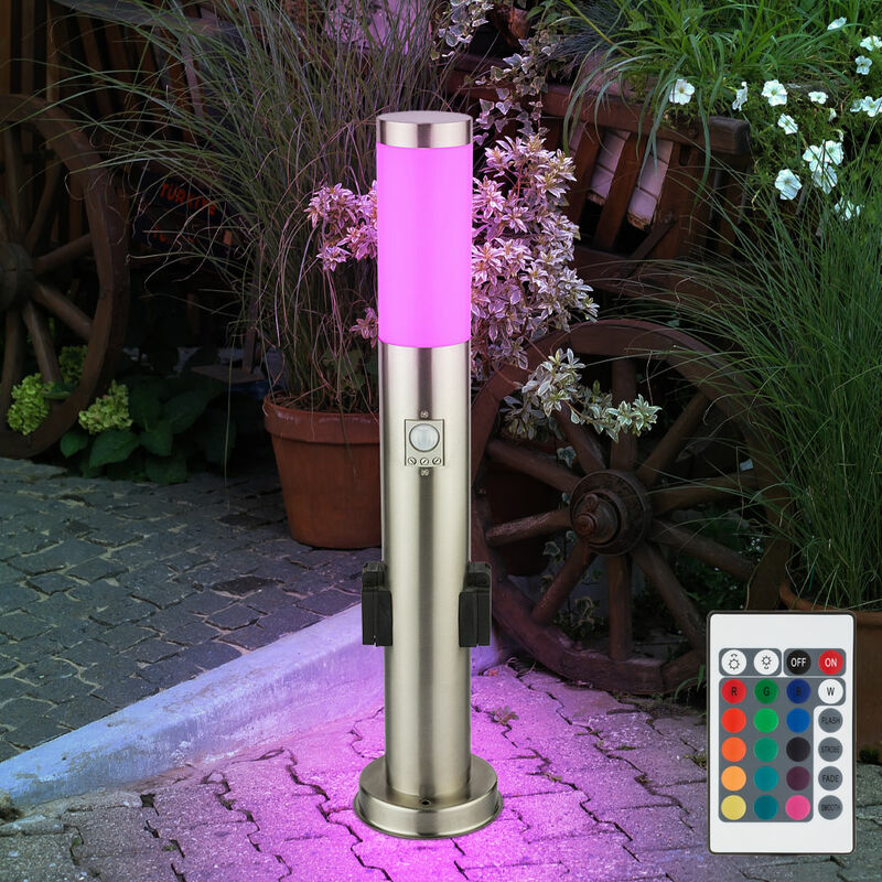 foto del prodotto piantana da giardino dimmerabile con prese telecomandate segnapasso esterno con rilevatore di movimento piedistallo luminoso, acciaio inox, led rgb