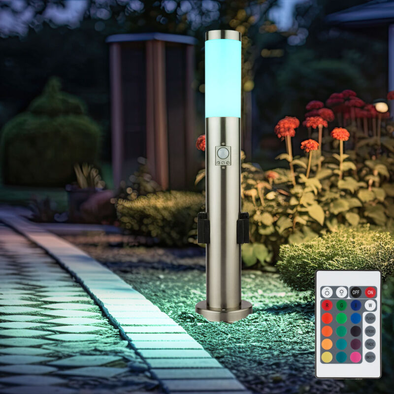 foto del prodotto piantana da giardino dimmerabile con prese telecomandate segnapasso esterno con rilevatore di movimento piedistallo luminoso, acciaio inox, led rgb