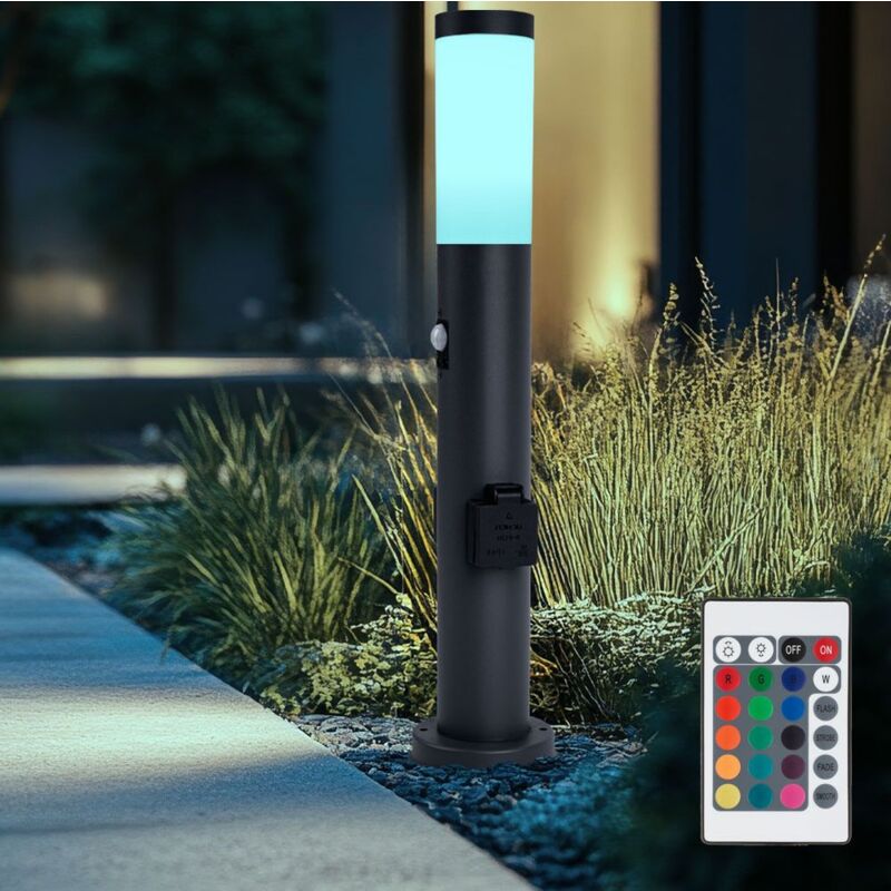 foto del prodotto piantana da giardino dimmerabile con telecomando segnapasso esterno con rilevatore di movimento 2x presa presa luce, acciaio inox antracite, led rgb
