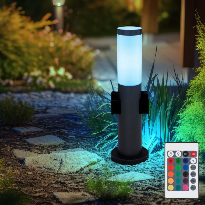 foto del prodotto piantana led da esterno in acciaio inox con 2 prese segnapasso lampada da terra per esterno antracite dimmerabile con telecomando, cambio colore rgb,