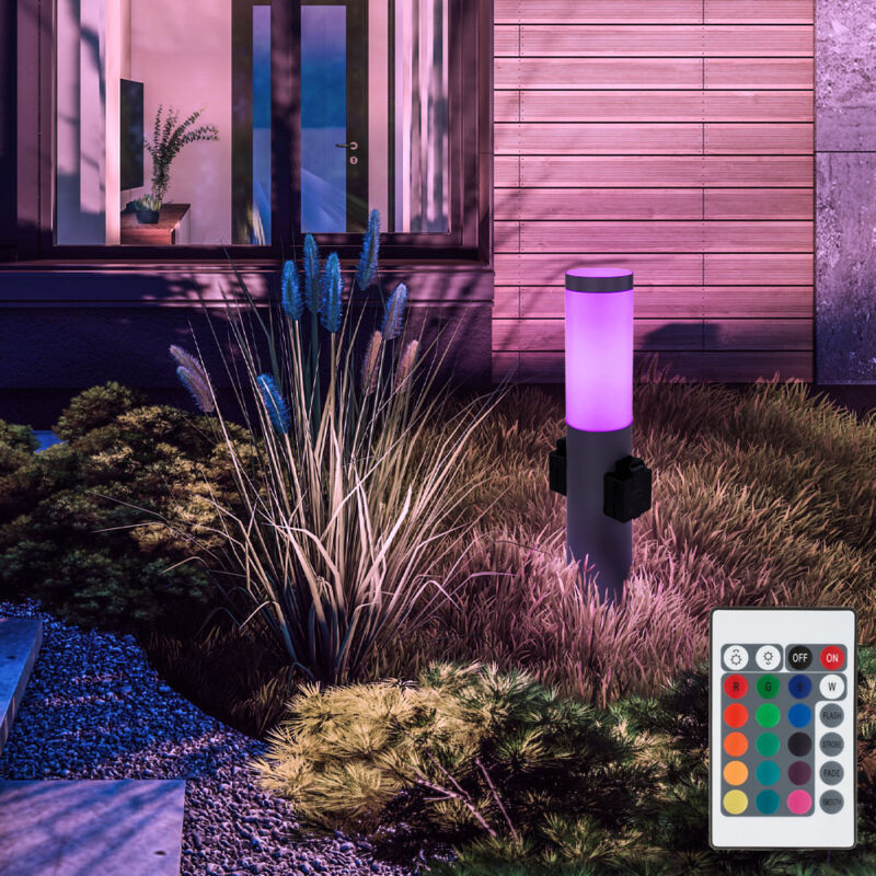 foto del prodotto piantana led da esterno in acciaio inox con 2 prese segnapasso lampada da terra per esterno antracite dimmerabile con telecomando, cambio colore rgb,