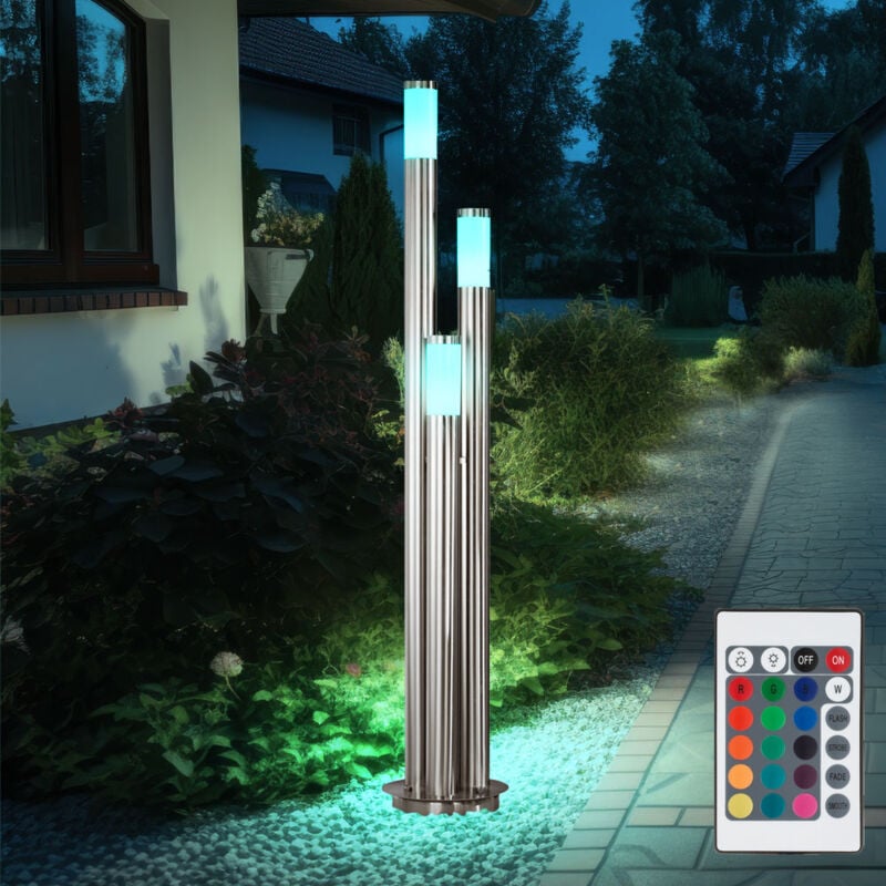 foto del prodotto piantana per esterno, dimmerabile con telecomando, piantana led per esterno in acciaio inox, segnapasso, cambio colore rgb, 3 colonne argento, 3x