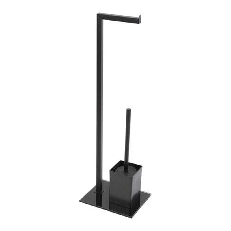 foto del prodotto piantana porta rotolo e scopino bagno base vetro full nera 22x18xh.70,5 cm