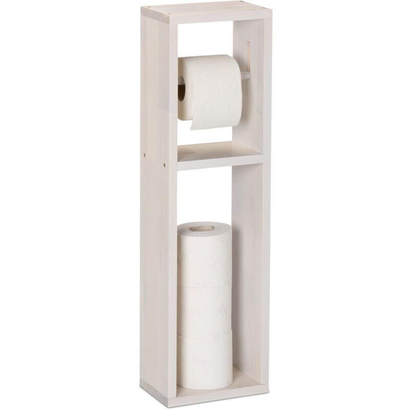 foto del prodotto piantana portarotolo carta igienica bagno, parete o terra, 4 rotoli cartaigienica, 70x20x13 cm, legno, bianco relaxdays