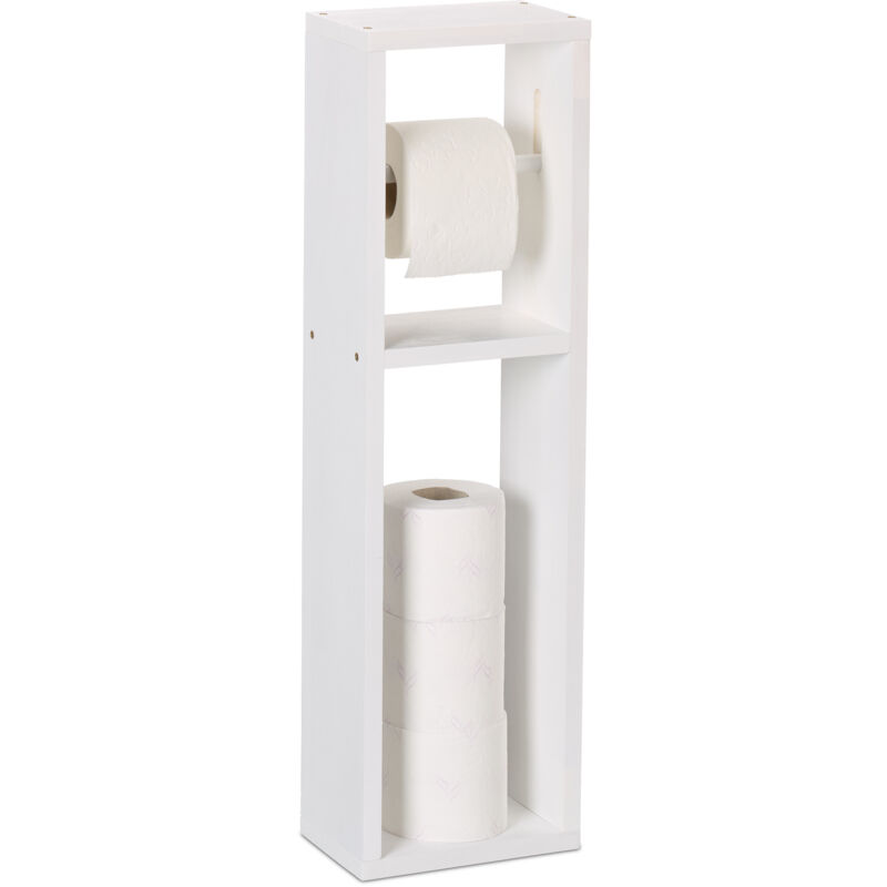 foto del prodotto piantana portarotolo carta igienica bagno, parete o terra, 4 rotoli cartaigienica, 70x20x13 cm, legno, bianco relaxdays