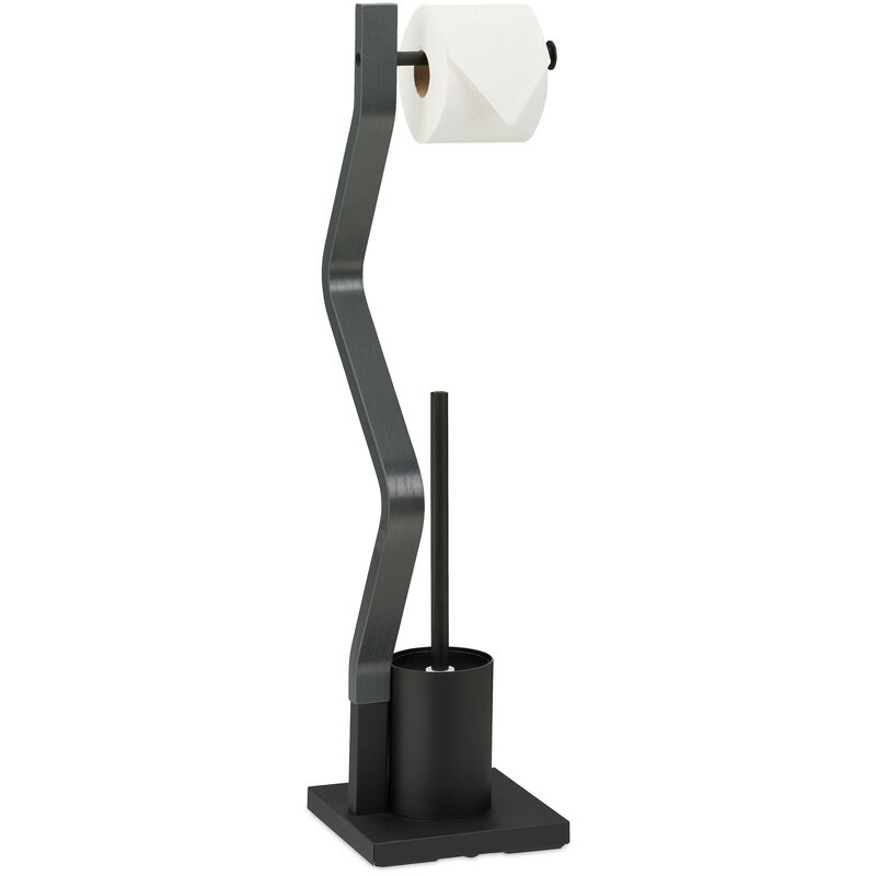 foto del prodotto piantana portarotolo e scopino, colonnina autoportante wc, portascopino bagno, hlp 75x18,5x18,5 cm nero grigio relaxdays