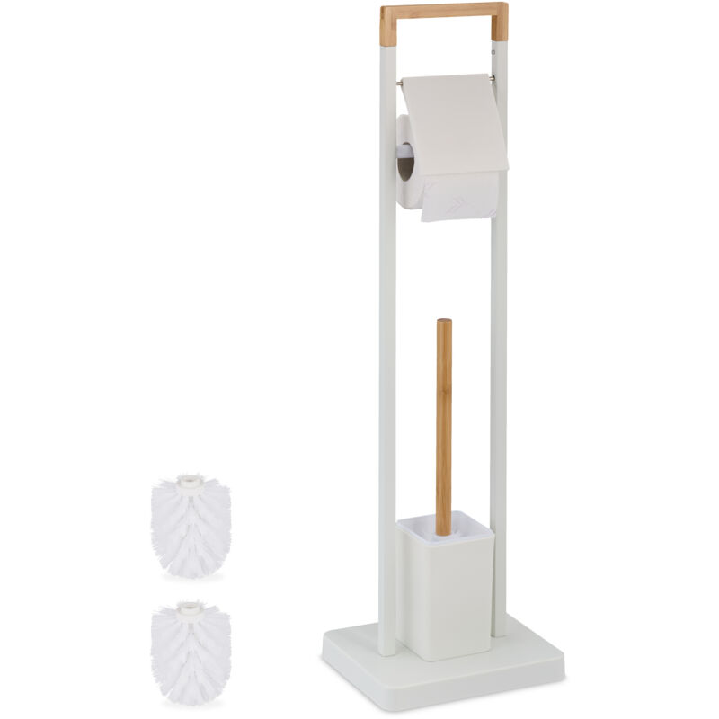 foto del prodotto piantana portarotolo e scopino, portascopino bagno, carta igienica, supporto acciaio e bamb , naturale bianco relaxdays
