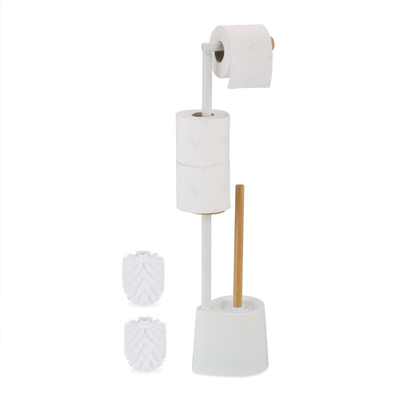 foto del prodotto piantana portarotolo e scopino, portascopino bagno, porta rotolo scorta carta igienica, 66,5x16x11cm, bianco relaxdays