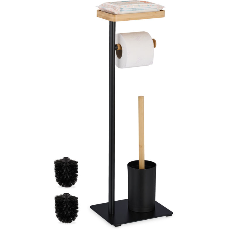 foto del prodotto piantana portarotolo e scopino, portascopino da bagno, carta igienica, supporto ferro e bamb , naturale nero relaxdays