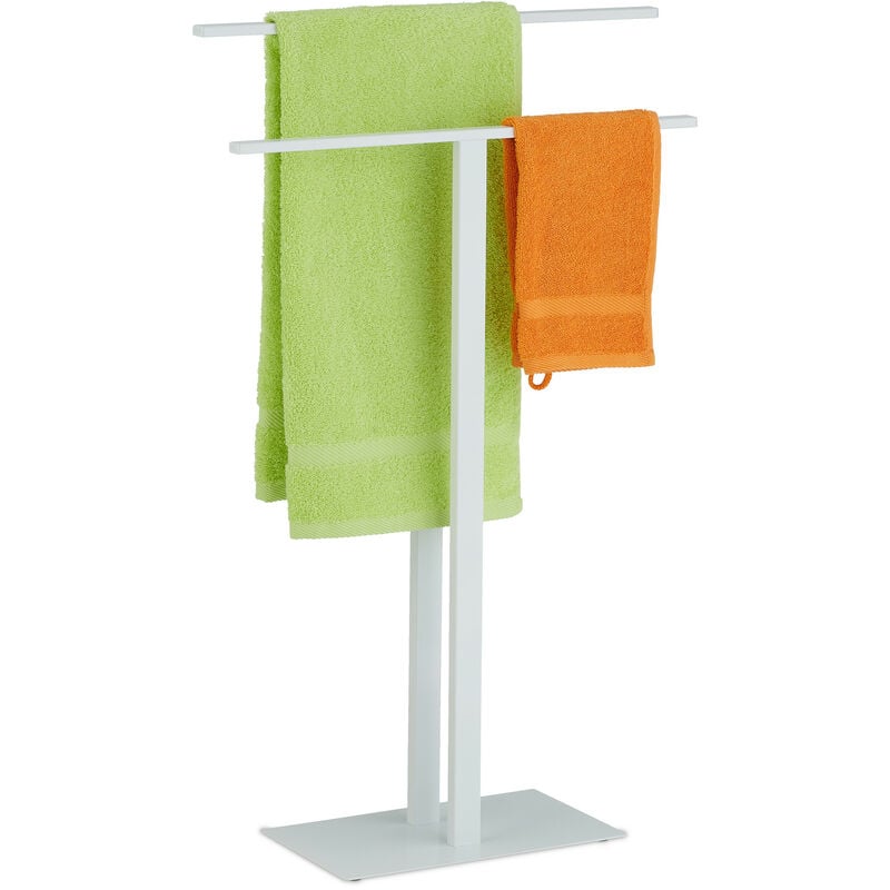 foto del prodotto piantana portasciugamani, autoportante, 2 bracci, ferro, hlp 82x50x19 cm, servomuto dal design a t, bianco relaxdays