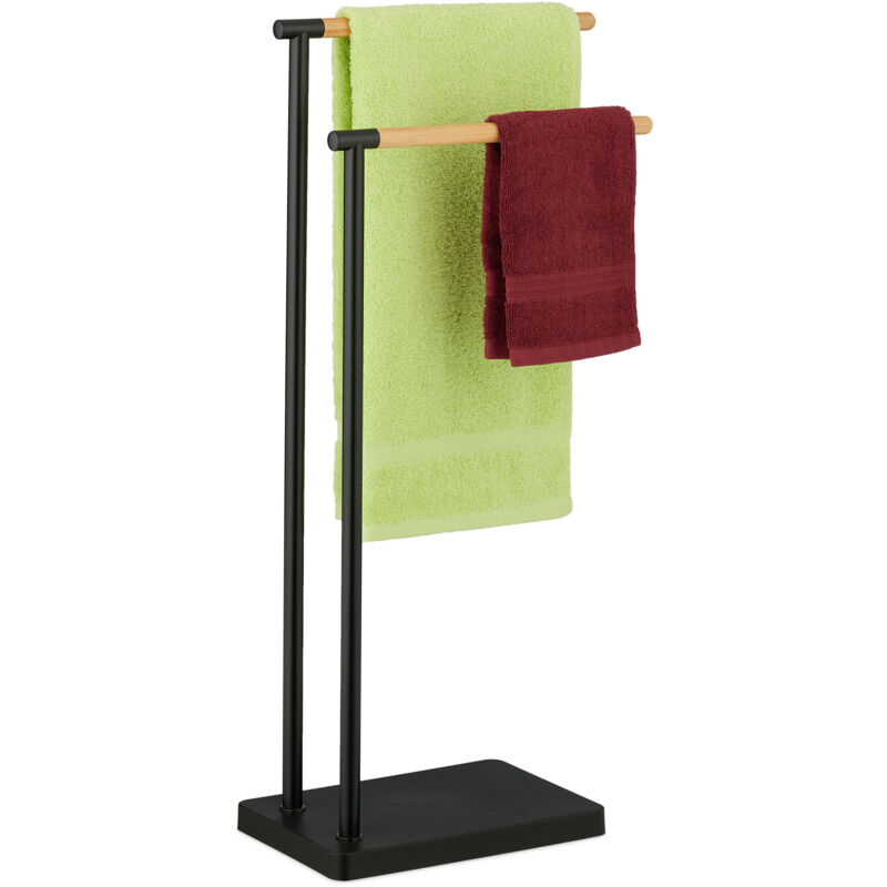 foto del prodotto piantana portasciugamani autoportante, 2 bracci in bamb e supporto in acciaio, porta asciugamani bagno, nero relaxdays