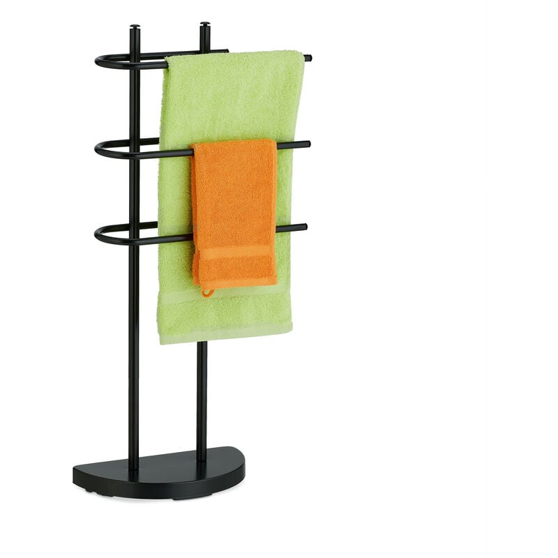foto del prodotto piantana portasciugamani, autoportante, 3 bracci in ferro, hlp 83x39x18 cm, appendi asciugamani bagno, nero relaxdays