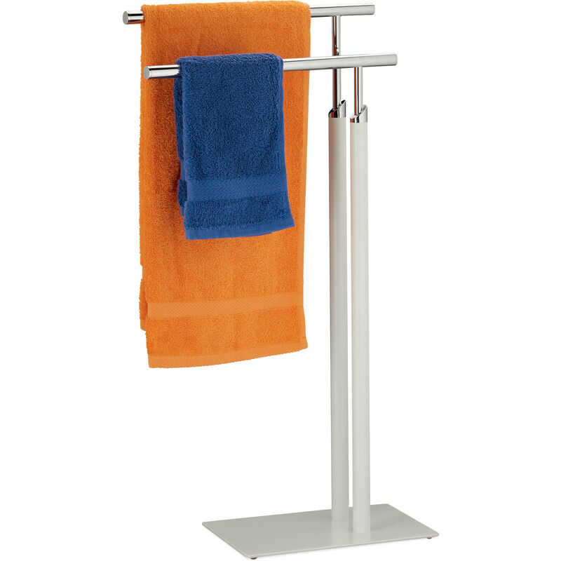 foto del prodotto piantana portasciugamani, autoportante con 2 aste, in acciaio, hxlxp 78x44x20 cm, bagno, wc, bianco argentato relaxdays