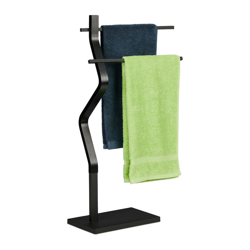 foto del prodotto piantana portasciugamani, autoportante con 2 bracci, acciaio e mdf, appendi asciugamani, 85x43,5x20 cm, nero relaxdays