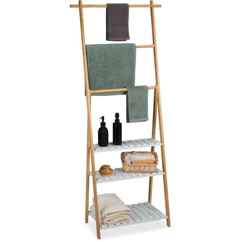 foto del prodotto piantana portasciugamani bagno, 3 aste e ripiani porta asciugamani, 151x64,5x32 cm, mdf bamb , naturale bianco relaxdays
