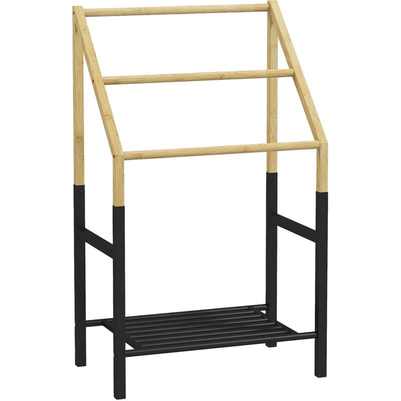 foto del prodotto piantana portasciugamani da bagno da terra 3 barre e ripiano inferiore 51x31x85,5 cm in bamb e acciaio nero