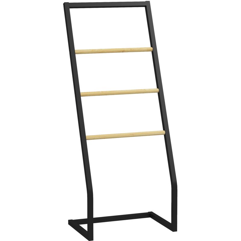 foto del prodotto piantana portasciugamani da bagno da terra 4 sbarre 40,5x28x98cm in bamb e acciaio nero