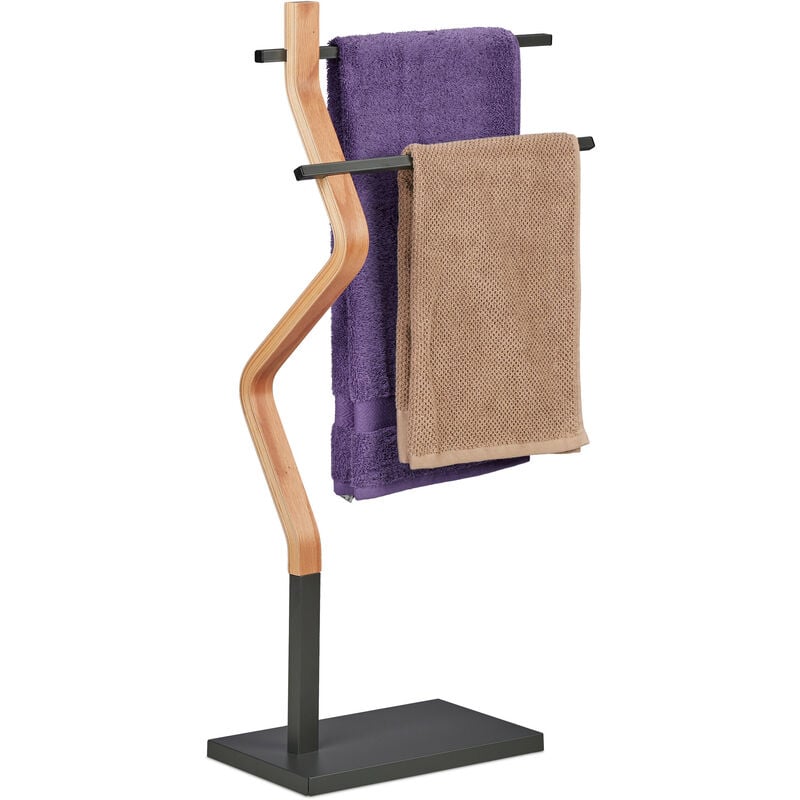 foto del prodotto piantana portasciugamani, da terra, 2 bracci, acciaio mdf, appendi asciugamani, 85x43,5x20 cm, marrone grigio relaxdays