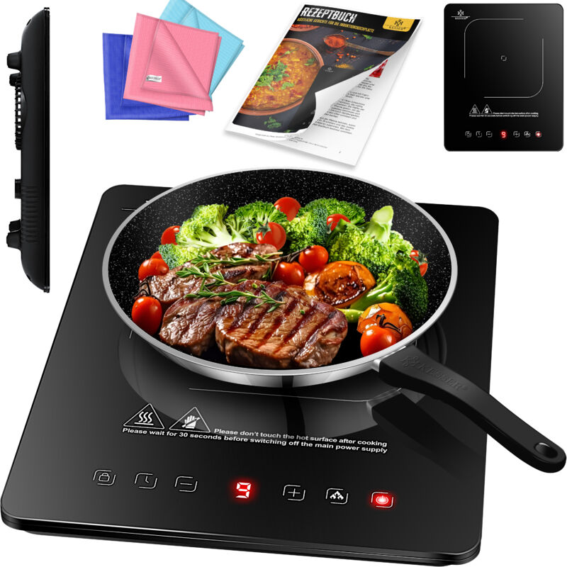 foto del prodotto piastra a induzione piano cottura a induzione 1 piastra 2100w piastra portatile da 28 cm 3x panno in microfibra 1x libro di ricette 9 livelli di