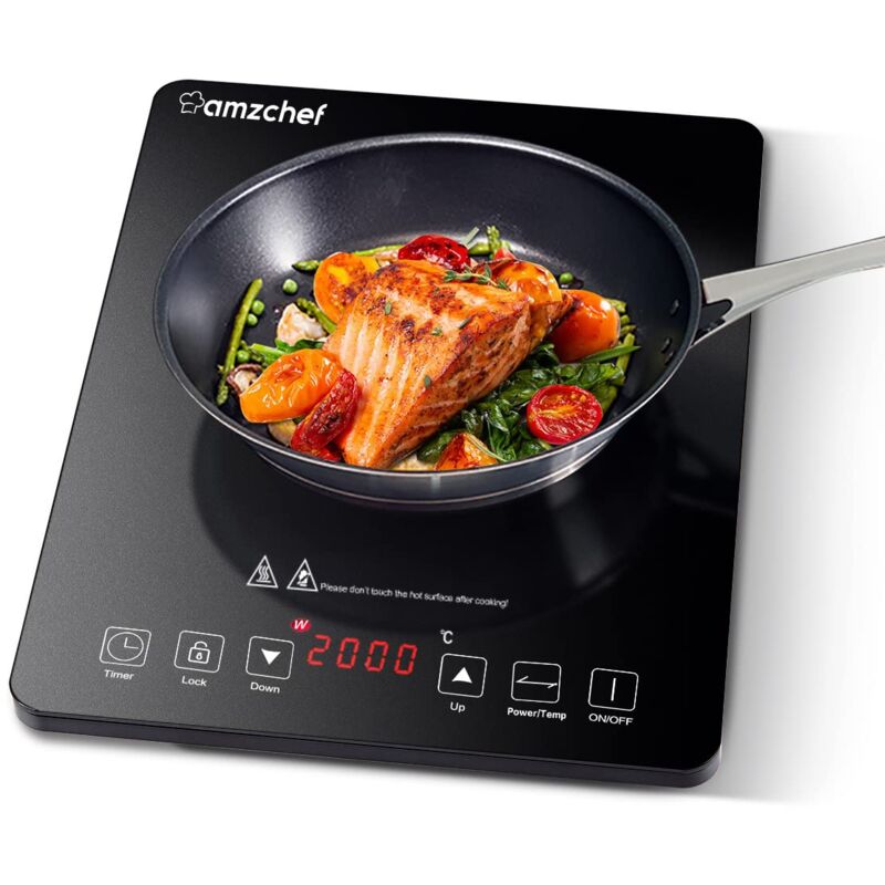 foto del prodotto piastra a induzione singolo amzchef, piastra a induzione da 2000 w con 10 livelli di potenza, 10 livelli di temperatura, controllo sensore tattile,