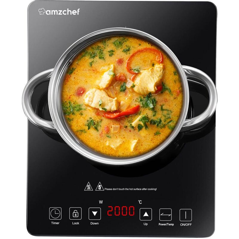 foto del prodotto piastra a induzione singolo amzchef, piastra a induzione da 2000 w con design sottile, 10 livelli di potenza, 10 livelli di temperatura, controllo