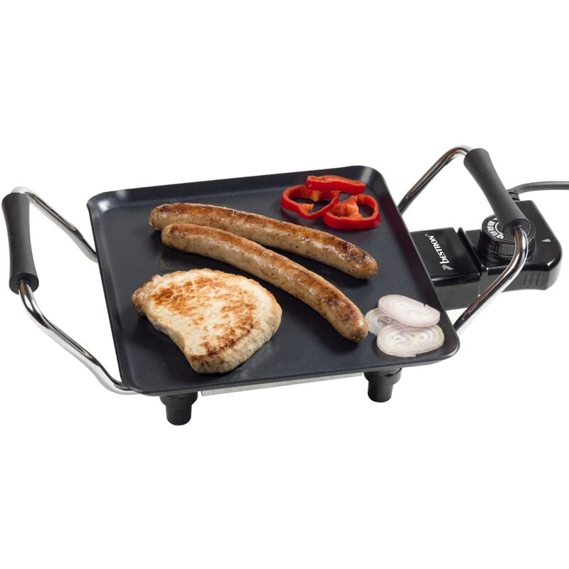foto del prodotto piastra elettrica per grigliare, plancha piastra con rivestimento antiaderente, divertimento alla griglia per un massimo di 2 persone, colore nero