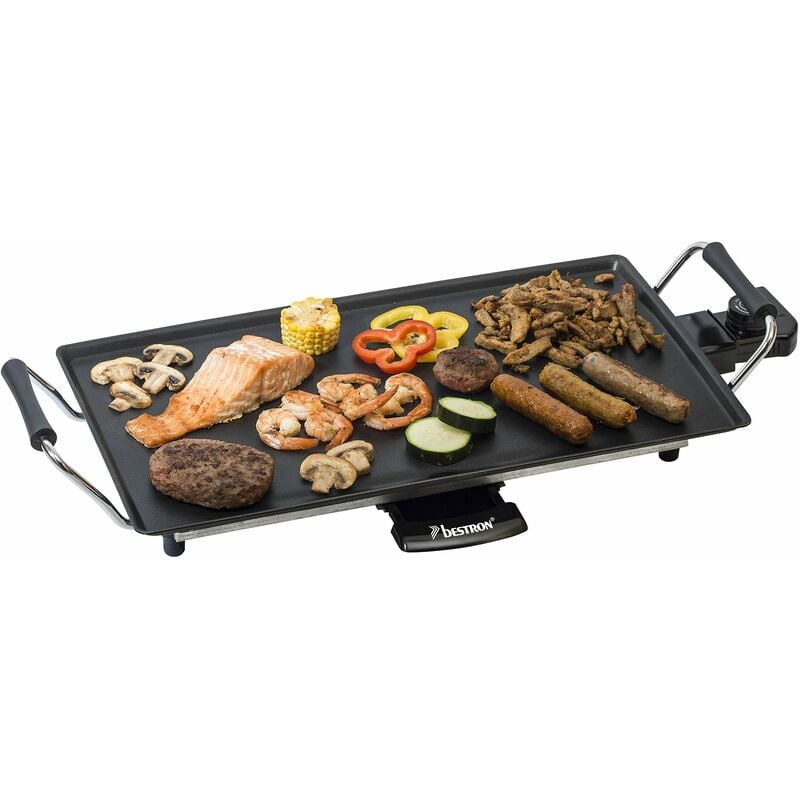 foto del prodotto piastra elettrica per grigliare, plancha piastra con rivestimento antiaderente, divertimento alla griglia per un massimo di 4 persone, colore nero