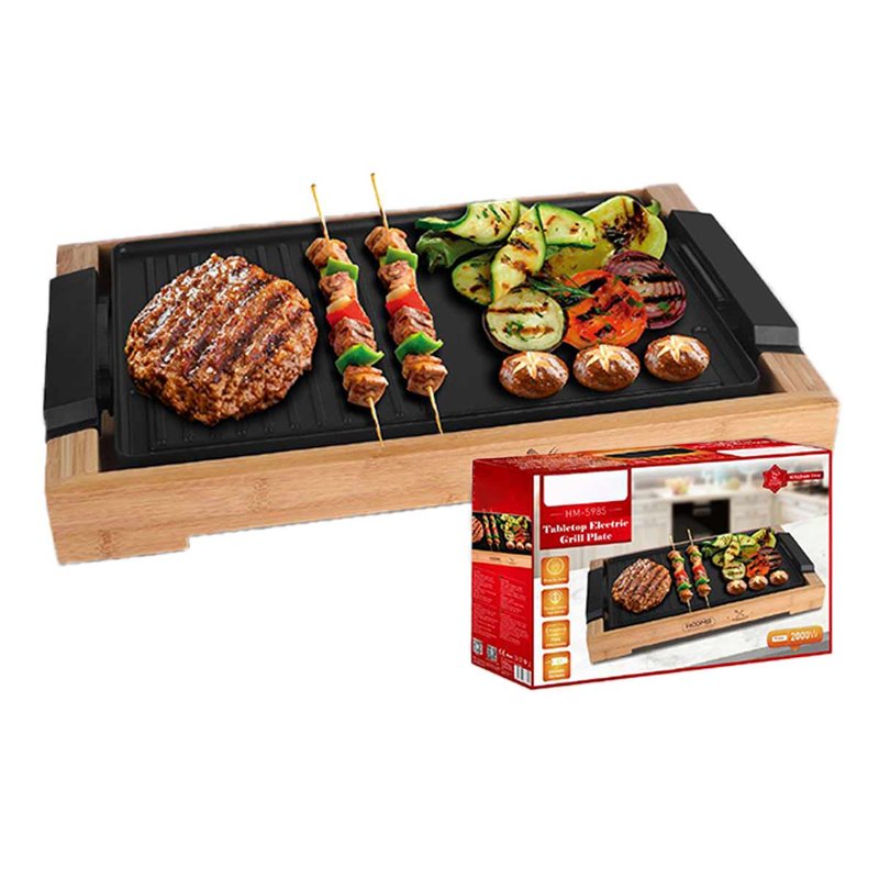 foto del prodotto piastra grill elettrica 2000w rivestimento antiaderente con termostato regolabile e raccoglitore di grasso rimovibile 37.5x23cm finitura bambu