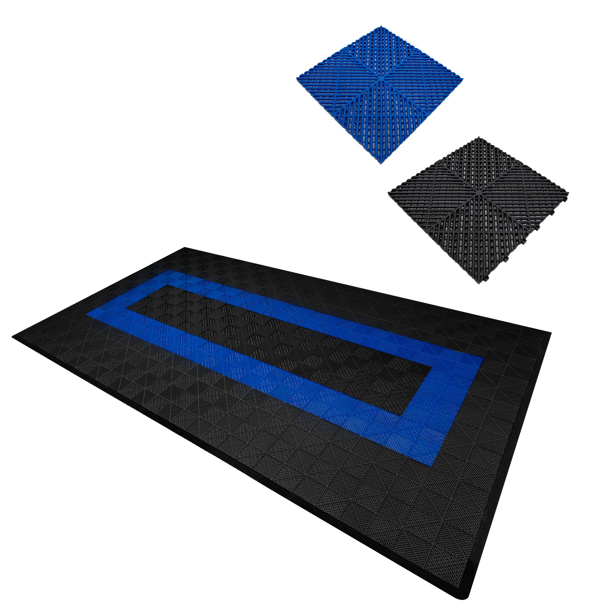 foto del prodotto piastrelle ventilate nere e blu 3,2m x 6m per garage e officine, antiscivolo.