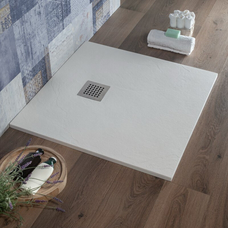 foto del prodotto piatto doccia 70x70 cm quadrato bianco slim in resina effetto pietra blan