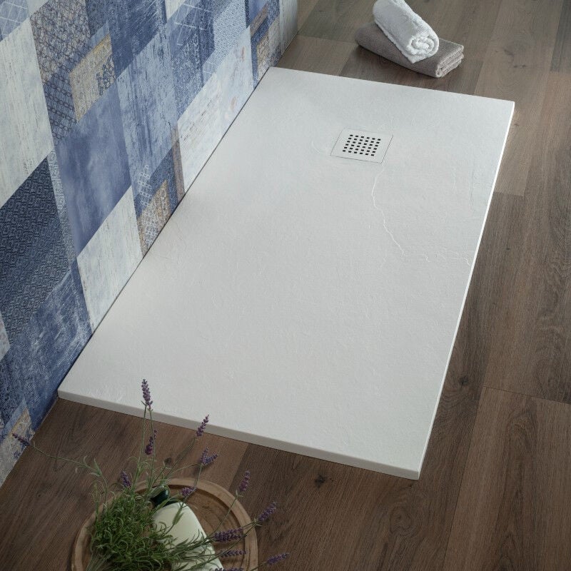 foto del prodotto piatto doccia 70x80 cm bianco in resina effetto pietra sopra o filo pavimento blan