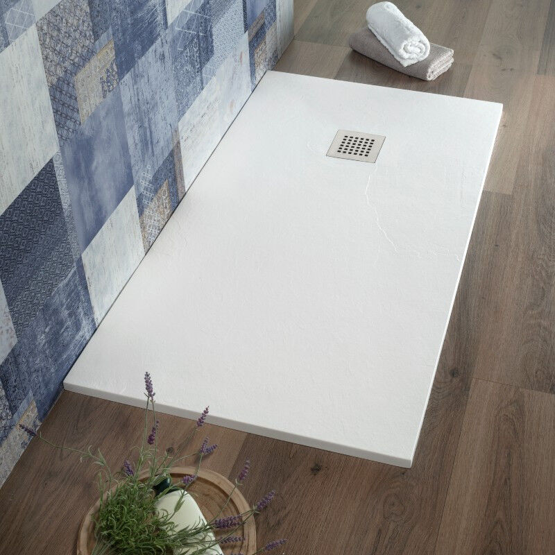 foto del prodotto piatto doccia 80x90 cm rettangolare bianco slim in resina effetto pietra blan