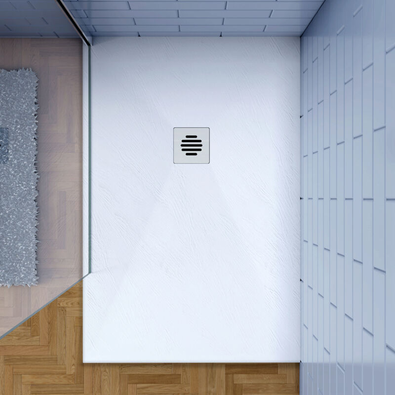 foto del prodotto piatto doccia bianco 80x90cm di spessore da 3 cm in pietra artificiale e mesina mista effetto ardesia ruvido piletta e tubo inclusi