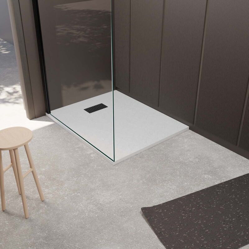 foto del prodotto piatto doccia bianco effetto pietra 80x100 cm e griglia motivo perforato nero opaco