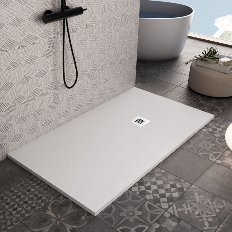 foto del prodotto piatto doccia bianco in marmoresina con griglia inox e piletta gratis star plus, misura 80x120
