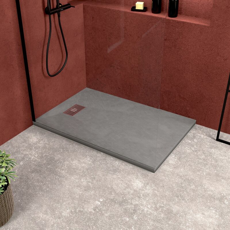foto del prodotto piatto doccia grigio effetto pietra 90x140 cm e griglia motivo lineare in acciaio inox
