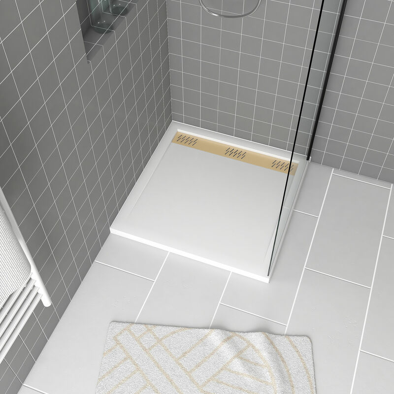 foto del prodotto piatto doccia in acrilico bianco 80x80x4 cm griglie lineari cromo e oro spazzolato whiteness ii