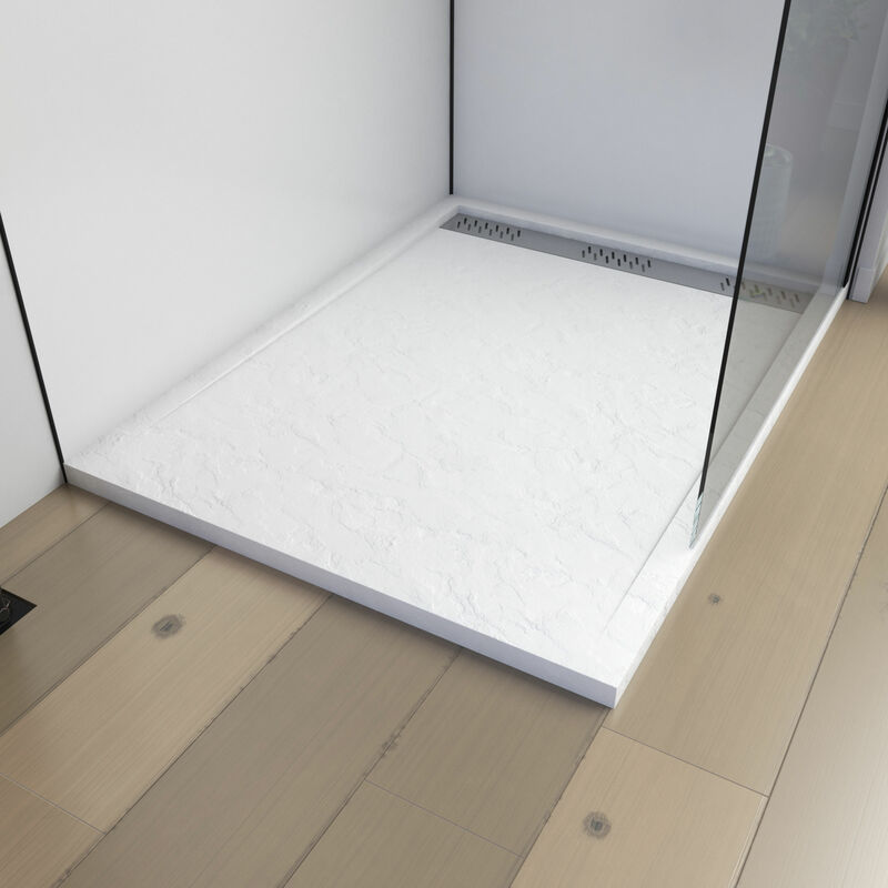 foto del prodotto piatto doccia in acrilico bianco effetto pietra 90x120x4 cm griglia lineare cromata moon