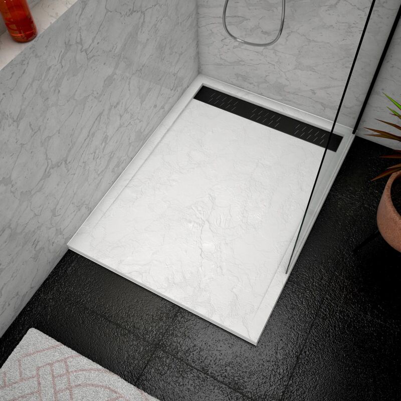 foto del prodotto piatto doccia in acrilico bianco effetto pietra 90x120x4 cm griglia lineari cromata nera