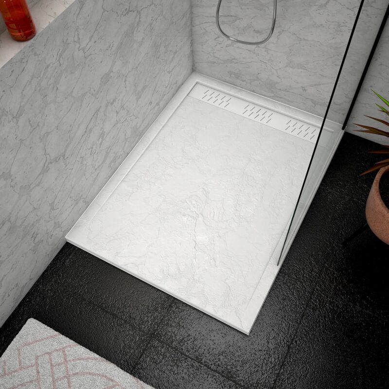 foto del prodotto piatto doccia in acrilico bianco effetto pietra 90x120x4 cm griglie lineari cromato e bianco opaco