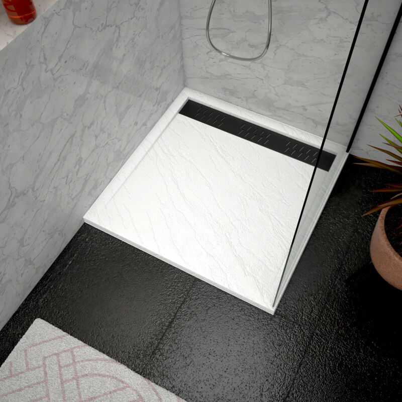 foto del prodotto piatto doccia in acrilico bianco effetto pietra 90x90x4 cm griglia lineari cromata nera moon