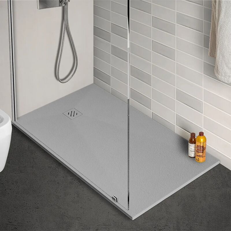 foto del prodotto piatto doccia in resina 80x140 arena grigio completo di kit scarico