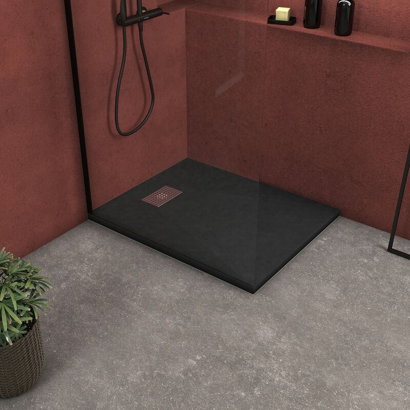foto del prodotto piatto doccia nero effetto pietra 80x120 cm e griglia motivo perforato in acciaio inox