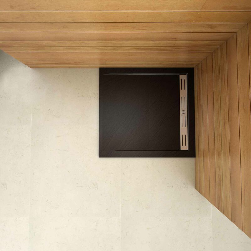 foto del prodotto piatto doccia quadrato 100x100cm in pietra vulcanica e resina mista finitura pietra nera ruvida ultraslim 3 cm